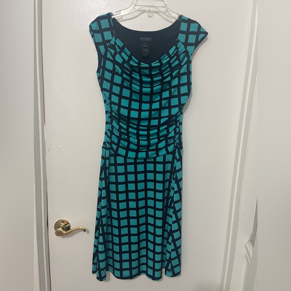 Enfocus Studio Teal and Black Grid Cap Sleeveless Midi Dress